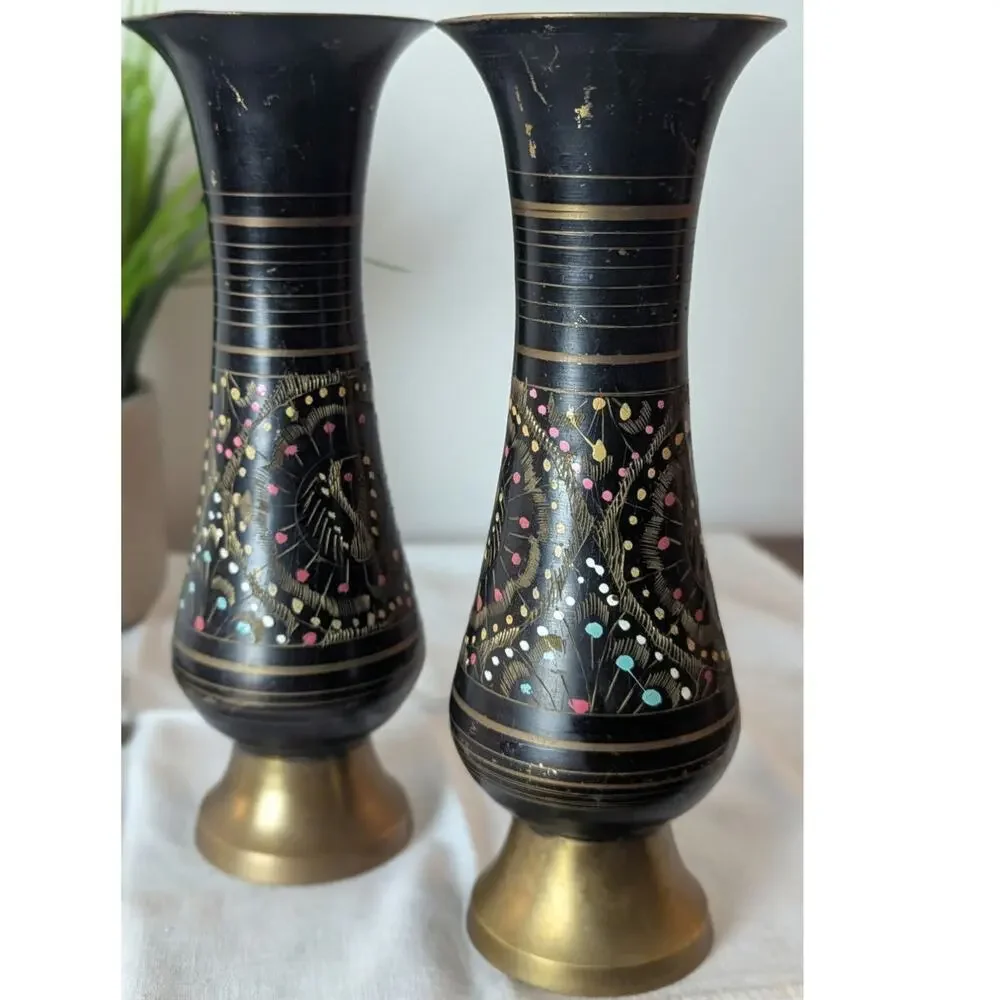 Vintage Etched Brass Vases |Black & Gold Boho Lotus Decor | Mid Century Pair